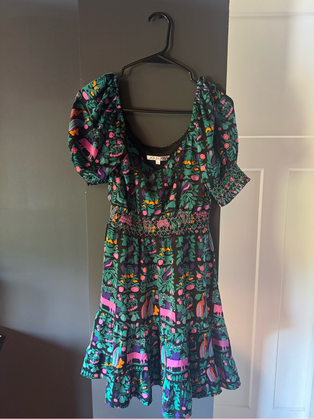 Joy Joy Green Floral & Animal Print Puff-Sleeve Dress